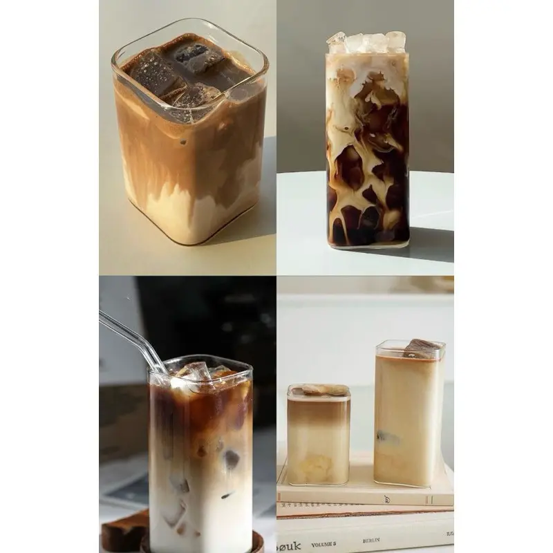 Ly Thủy Tinh Vuông Chịu Nhiệt Trong Suốt, Ly Uống Cà Phê, Coffee, Matcha Phong Cách Hàn Quốc Decor Quán Nước- Hibi