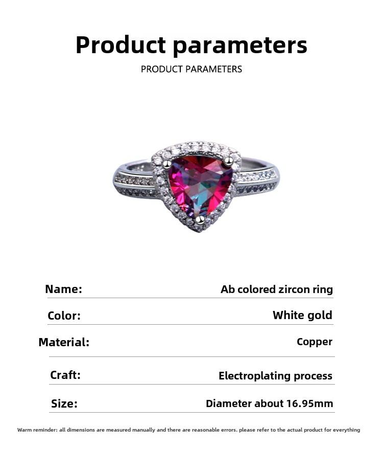 Product Introduction of New Colorful Diamond Ring for Women Fashionable Elegant Open Ring European and American Light Luxury Style AB Color Triangle Zircon Ring 2
