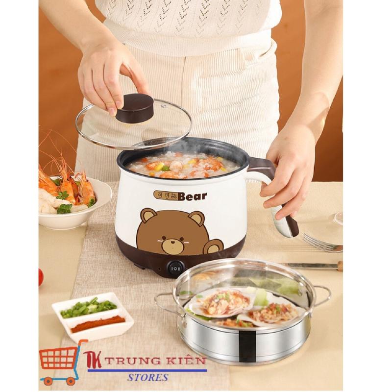 Nồi Lẩu Điện Mini Gấu Bear Cute, Ca Nấu Mì 2 Tầng Kèm Giá Hấp Đa Năng Nướng, Luộc, Nồi Điện Nấu Ăn noi lauda nang chong dinh nồilẩu