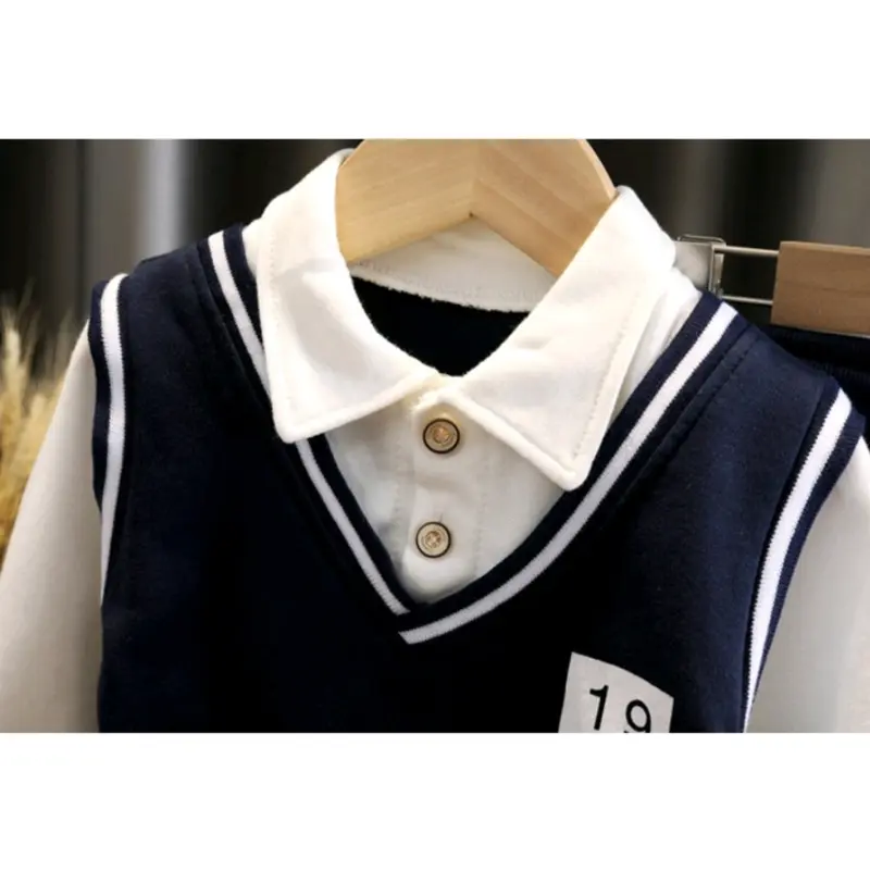 Baju bayi Cowok 6 12 bulan 1 2 3 Tahun Kemeja Lengan Panjang Set Rompi Navy biru Katun Bunda Laki-Laki Parsel Blue 6