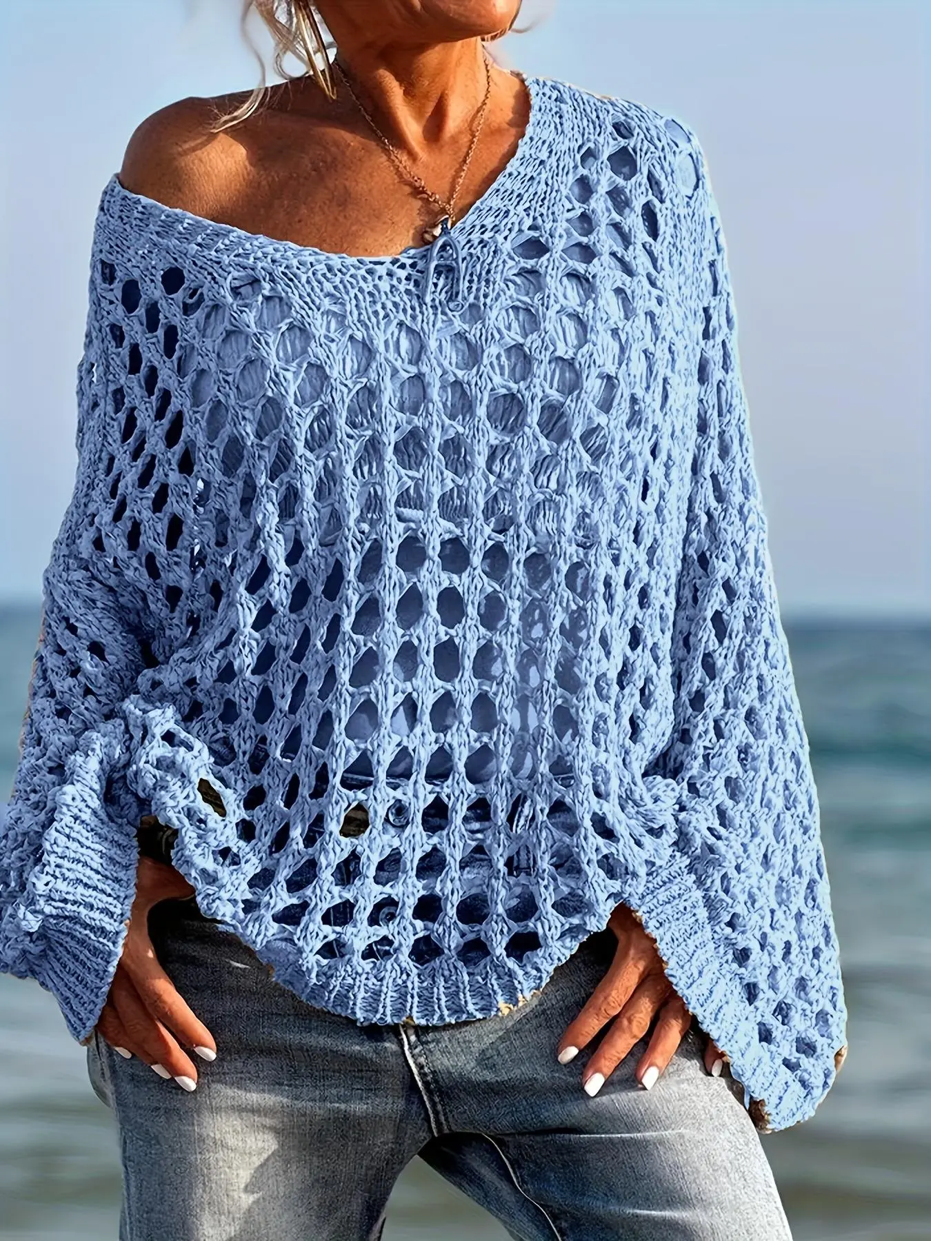 Women's Solid Color Hollow Out  Sweater, Casual Long Sleeve V Neck Cover Up Pullover for Summer, Fashion Women's Knitwear for Daily Wear
