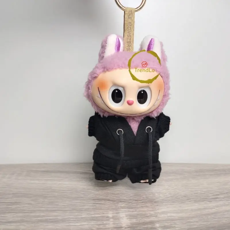 Aksesoris Pakaian Boneka Labubu Hitam Putih Abu-abu - Hoodie + Sweater + Celana Ukuran 8cm 1