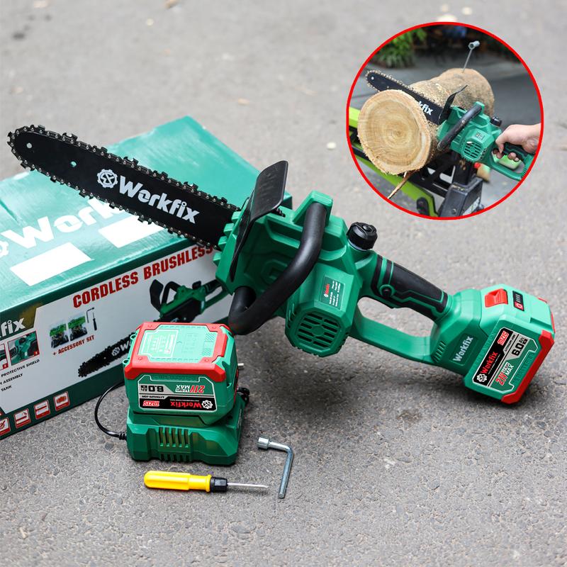 Máy Cưa Pin 12 Inch Workfix Cầm Tay - CS12BL - MÀU XANH - Tốc Độ Cưa 6m/s - Không Chổi Than Cao Cấp - Chân Pin Phổ Thông 2 Pin 15 Cell 21V/6Ah