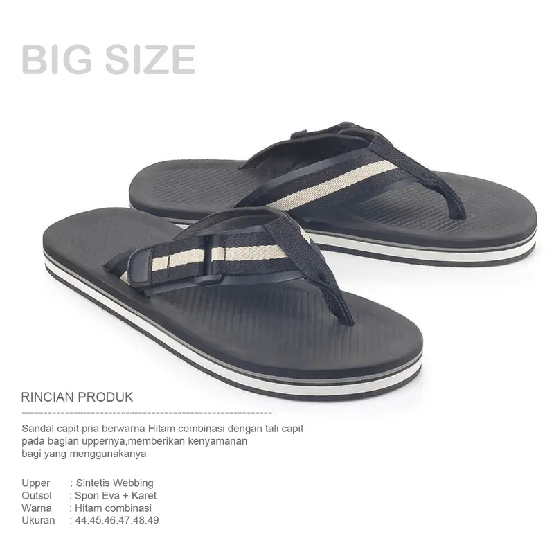 sendal capit big size jumbo 44-45-46-47-48-49 sandal pria flip flop distro original trandy kekinian Sandal jepit Hitam Black 1