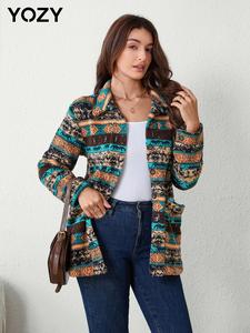 YOZY Women's Ethnic Pattern Button Front Plush Jacket, Boho Casual Long Sleeve Collared Outerwear for Daily Wear, Ladies Clothes for All Seasons