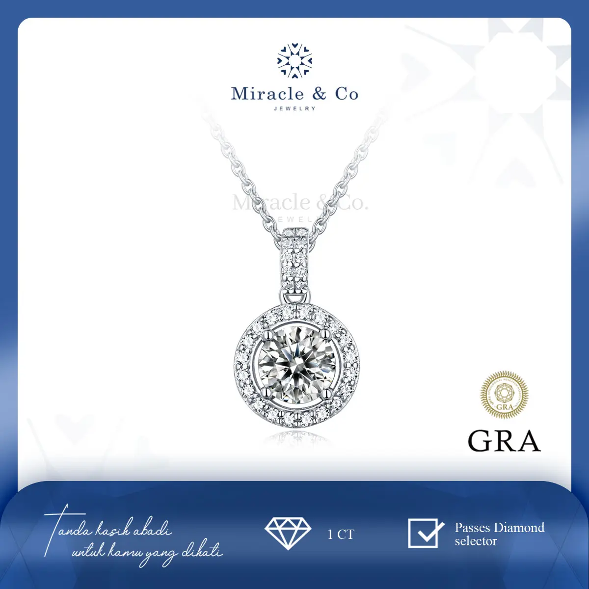 Miracle & Co - Kalung Round Shape Moissanite  - Kalung Wanita Batu Berlian Moissanite Asli Sertifikat GRA Lapis Emas 18K