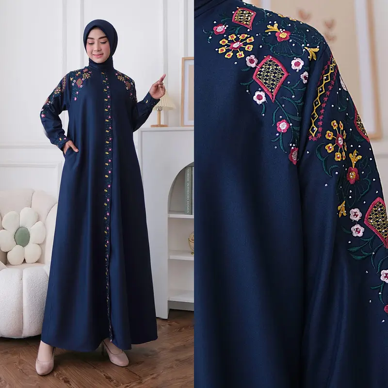 gamis kamelia katun toyobo bordir bunga muslim wanita cod Baju Kancing Dewasa Dress Panjang 2