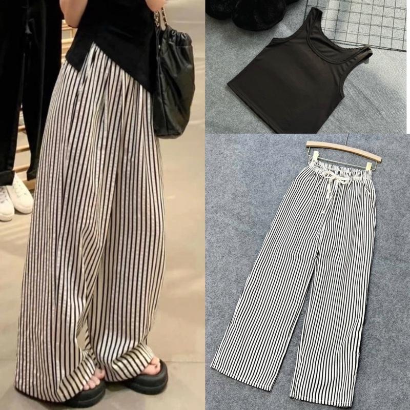 Sét ba lỗ quần suông dáng dài bigsize nữ có bán lẻ áo ba lỗ thun tăm ướt mềm có độ giãn tốt quần suông sọc dáng dài ống rộng lưng chun g245 q534 đậu bigsize