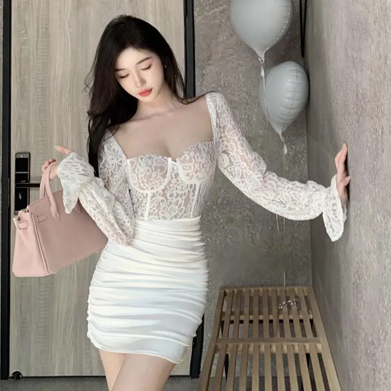 Váy Ren, Phong Cách Cô Gái Nóng Bỏng Thanh Lịch, Ngoại Cỡ (150,00kg), Váy Ngắn Tay Dài Tay Gợi Cảm, Dáng Ôm, Hàng Mới Về 0