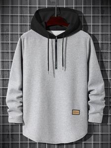Unisex Men's Colorblock Half Zip Hoodie, Regular Fit Fashion Patched Drawstring Hooded Sweatshirt, Lazy School Outfit, Essentials Hoodie