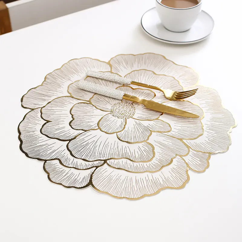 Set Coaster dan Alas Peony, Gaya Nordic Kreatif, Tikar Meja PVC Tahan Panas, Tidak Licin, Kalis Air, Sesuai untuk Meja Makan, Tingkatkan Hiasan Anda