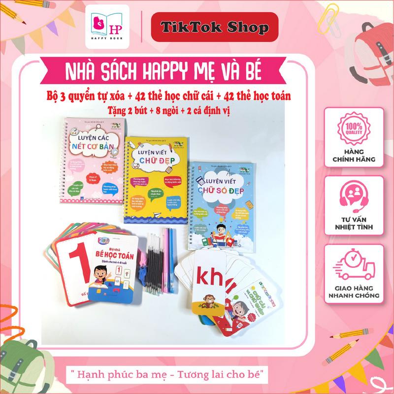 [HAPPYBOOK] Sách tự xóa - Bộ 3 món cho bé tập viết chữ số, chữ cái - Cho bé tập viết - 3 Quyển sách tự xóa thần kỳ , mực tự bay màu + 42 thẻ học chữ cái + 42 thẻ học toán