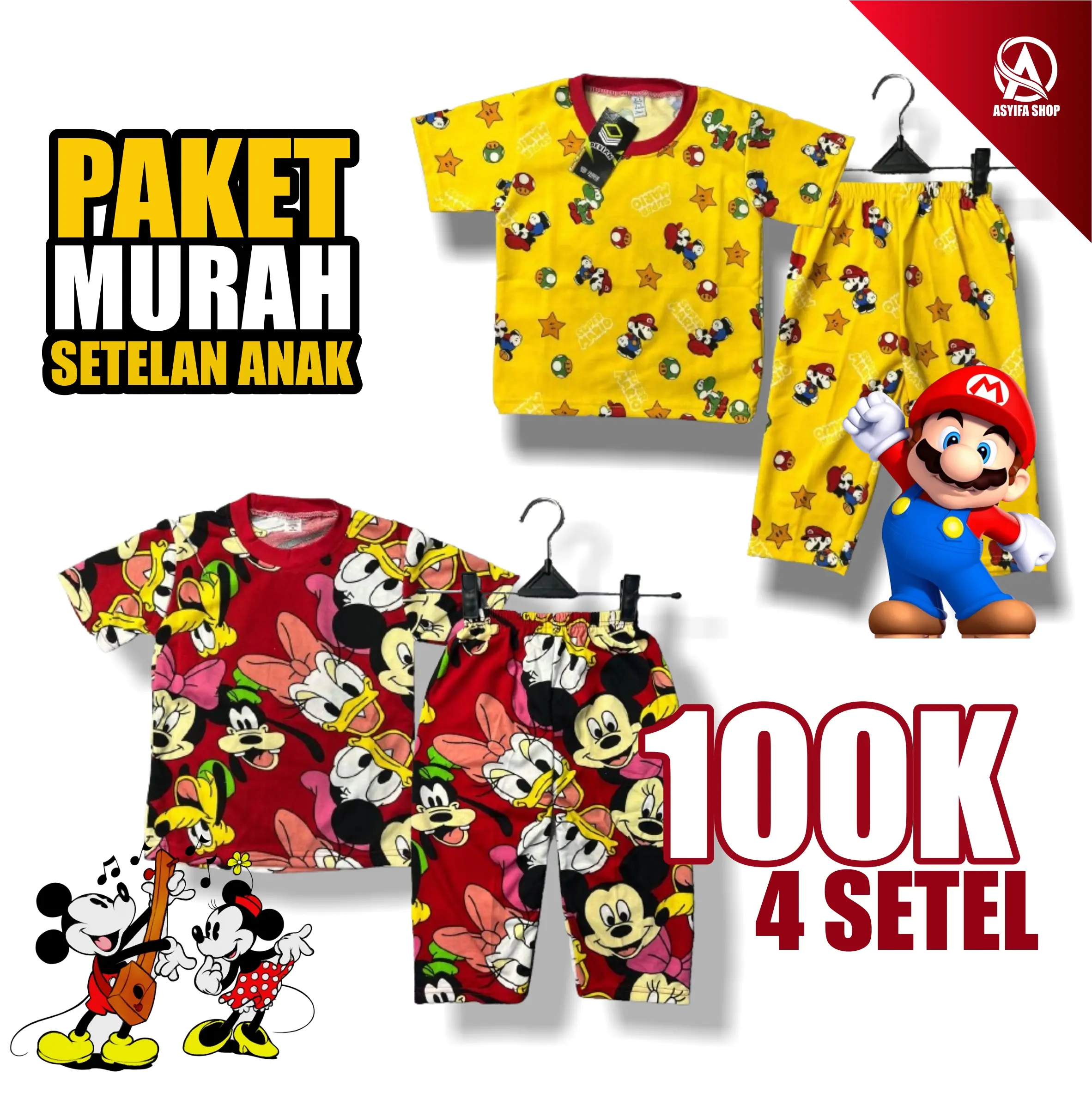 100K 4 SETEL FASHION SETELAN ANAK MOTIF KARAKTER KARTUN PROMO HARGA MURAH