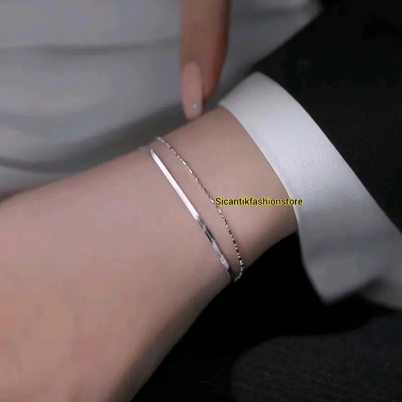 GELANG TITANIUM WANITA SILVER 2 LAYER TRENDING TERBARU ASLI TITANIUM ANTI KARAT SELAMANYA GELANG TITANIUM FASHION STYLE WANITA KOREA GELANG TANGAN GEPENG 2 LAYER Harian Perempuan Sukses Pria Bracelets 5