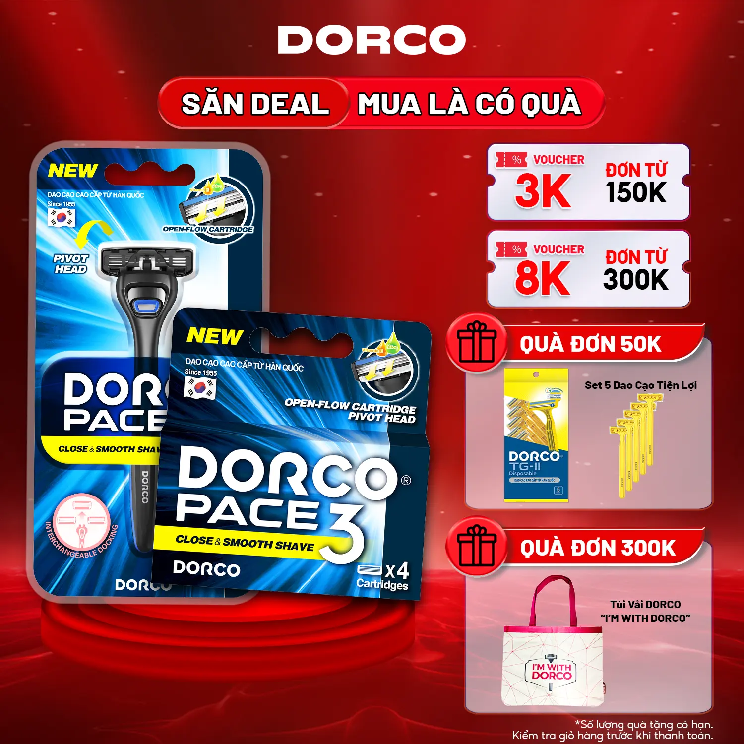 DORCO PACE 3 - Combo Dao Cạo Râu Hàn Quốc 3 Lưỡi - Bộ Gồm Hộp 1 Cán 1 Đầu Cạo và Hộp 4 Đầu Cạo