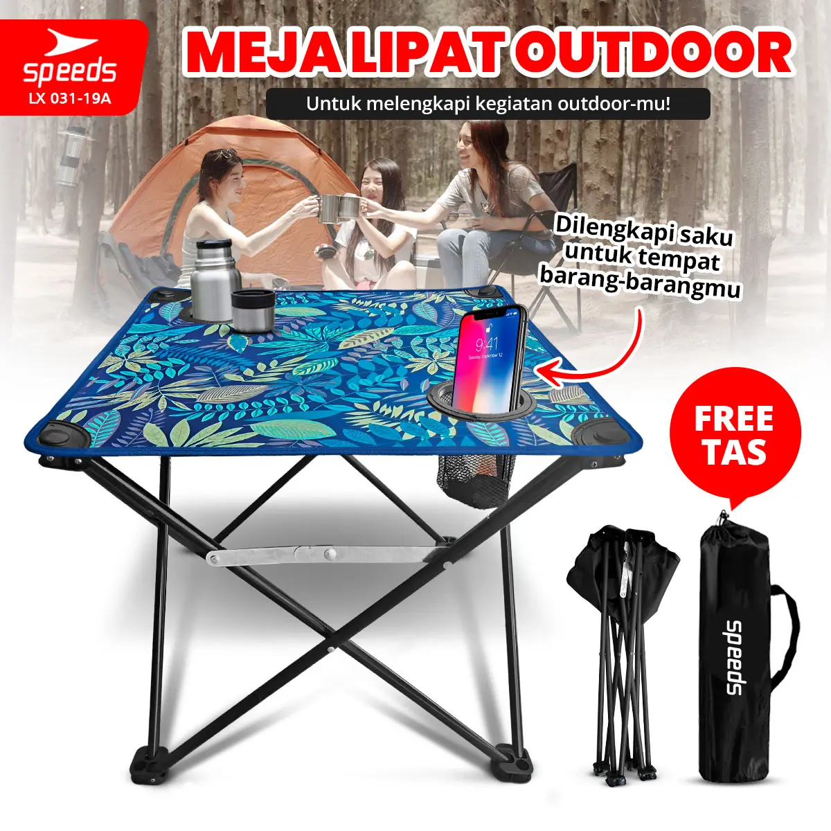 SPEEDS Folding Table Meja Lipat Portabel untuk Outdoor maupun Indoor Camping Portable Meja Praktis Serbaguna 031-19 Biru