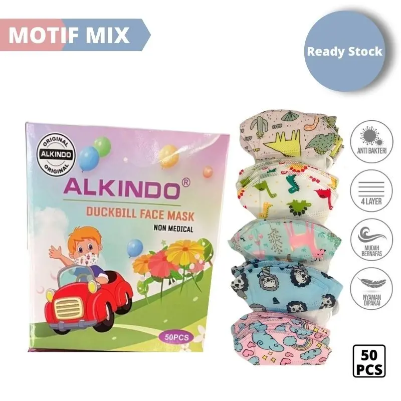 Masker duckbill Alkindo anak 4ply emboss 1 box isi 50 pcs motif karakter disposable tebal 4