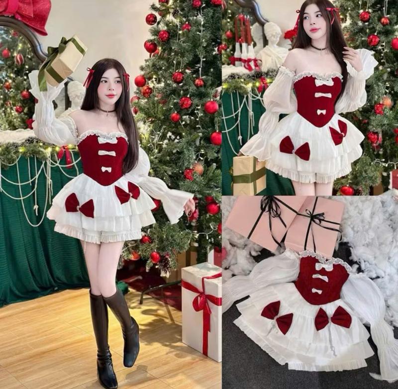 T3112 [ Kem Phối Đỏ ] Set Đồ Nữ Thiết Kế EMME 2 Món Gồm Đầm Cúp Ngực Nhún Bèo Đính Nơ Đính Đá Tà Bồng Tay Bèo Dáng Ngắn Phối Quần Bochun [ HÀNG NHUNG CÓ ĐÍNH ĐÁ KHÔNG GIẶT MÁY, PHƠI TRONG MÁT ] - Thanh Tự   Women  Top