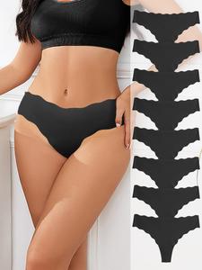 Women's Solid Color Scallop Trim Thong, Soft Comfy Breathable Seamless Panty for Daily Wear, Women's Underwear for All Seasons
