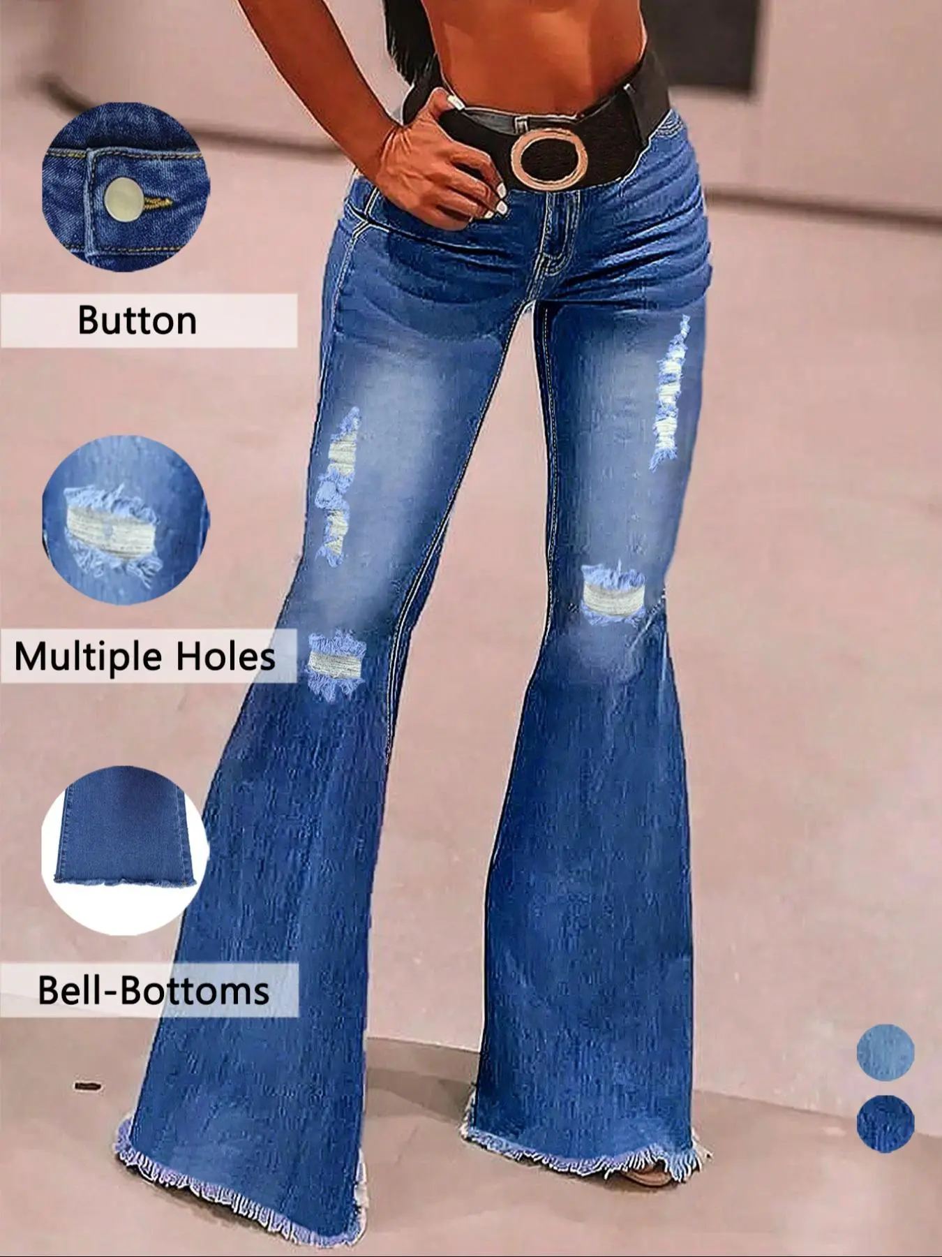Women's Plain Ripped Raw Hem Flare Leg Jeans, Casual Fashion Bell Bottom Denim Trousers for Daily Outdoor Wear, Ladies Bottoms for All Seasons, Jeans for Women, Clothing