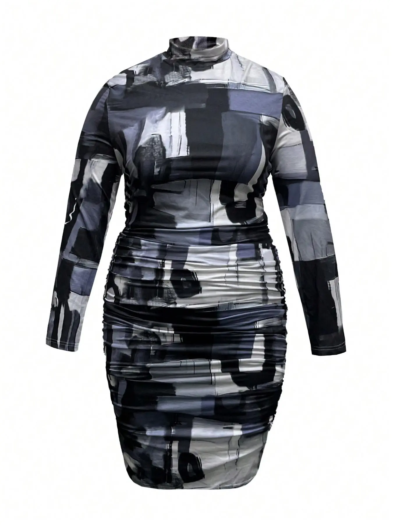 【Plus Size】 Random All Over Print Ruched Mock Neck Bodycon Dress, Casual Long Sleeve Dress for Fall & Winter, Women's Clothes for Daily Wear