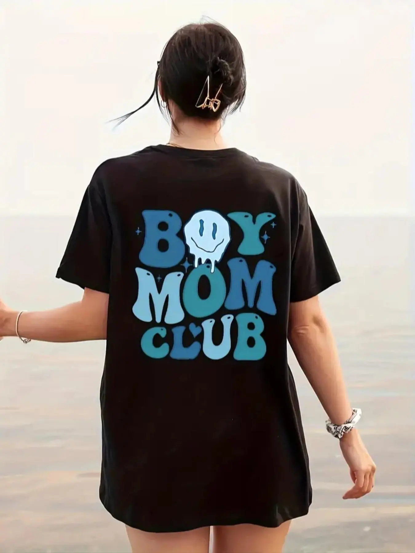 Women's Cartoon Graphic Print Round Neck Drop Shoulder Tee, Summer Clothes Women, Fashion Letter Print Crew Neck T-Shirt for Vacation, Summer Outfits 2024