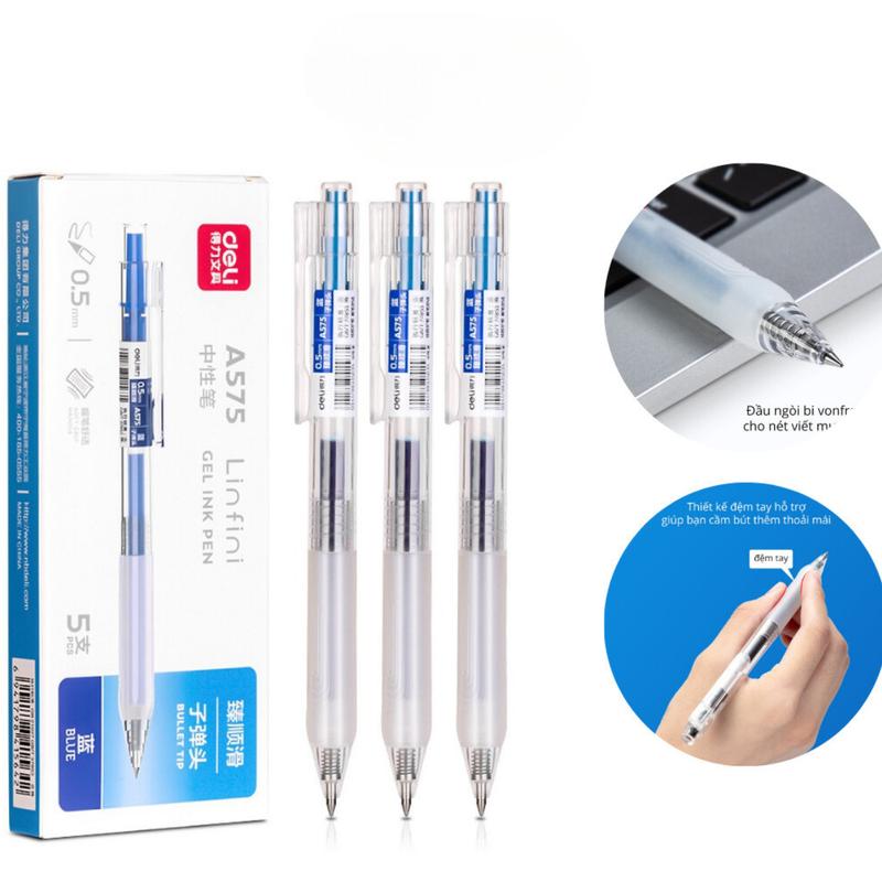 Bút Bi Mực Nước Cao Cấp Deli A575, Bút Bi Bấm Mực Đen Xanh Ngòi 0.5mm Có Ruột Thay Thế