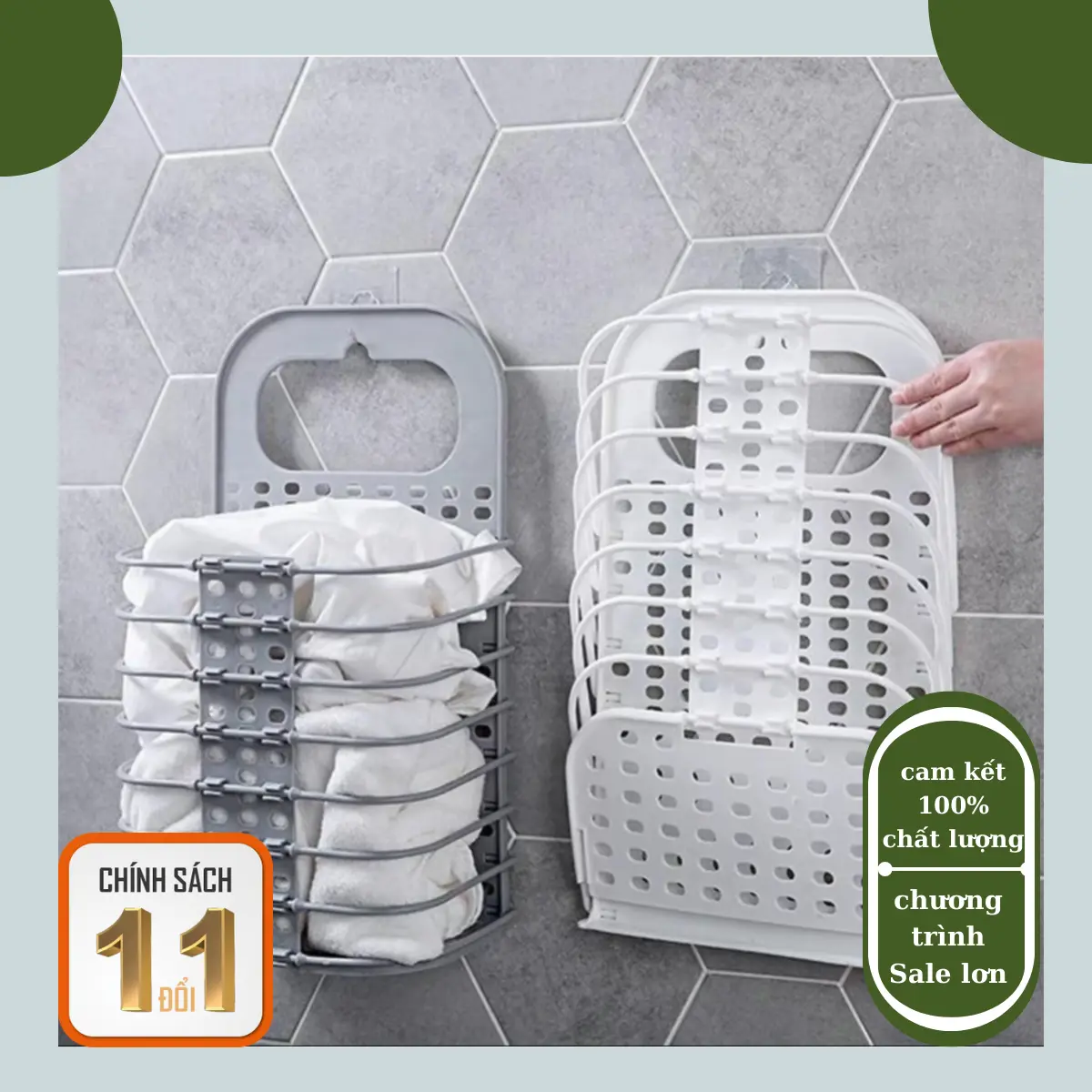 [ Sale ] Giỏ đựng đồ gấp gọn thông minh Tiện Lợi tặng Kèm móc dính trong Suốt , Kích Thước 47x28x17, giỏ treo tường đựng quần áo đồ dùng nhà tắm Rổ Gray Có thể gập gọn
