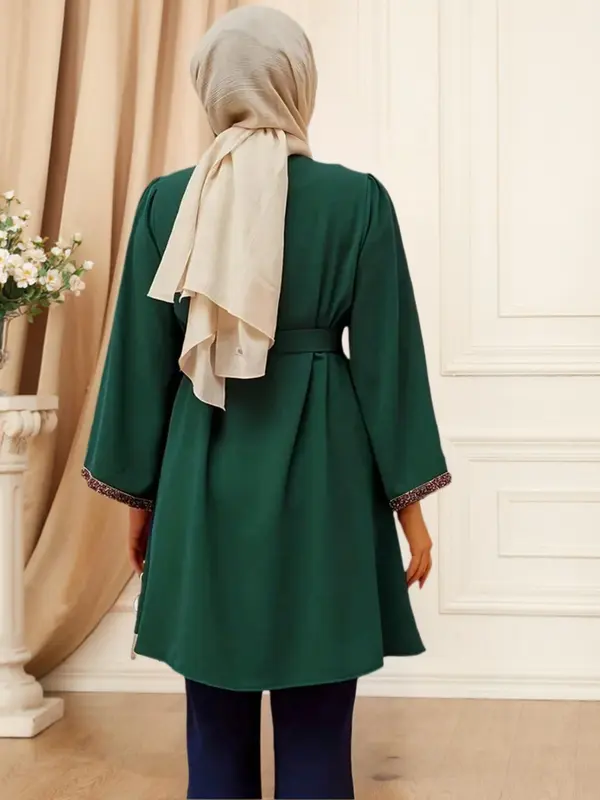 Women's Solid Color Long Sleeve Belted Blouse, Modesty Casual Round Neck Top for Daily Wear, Ladies Islamic Clothing for All Seasons 5