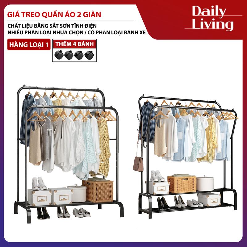 Giá Treo Quần Áo 2 Giàn Treo DLS Kệ Treo Quần Áo Bằng Sắt Sơn Tĩnh Điện Có Tầng Để Đồ Lắp Ráp Đơn Giản Tiện Lợi