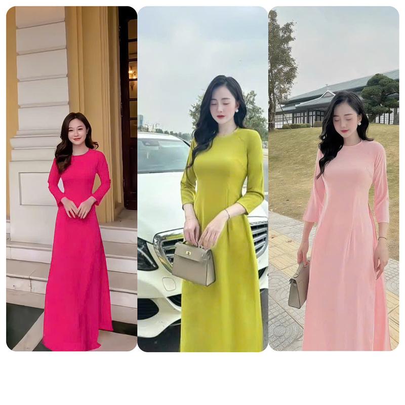 Áo dài trơn màu xanh cốm lụa mỹ truyền thống 2 tà