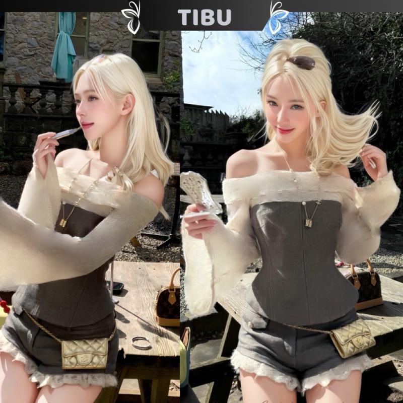  Set Áo Trễ Vai Tay Loe Phối Quần Sort Viền Ren TIBU Set Đồ Nữ Sang Chảnh Đi Chơi Dạo Phố Thu Đông Hotrend B599 