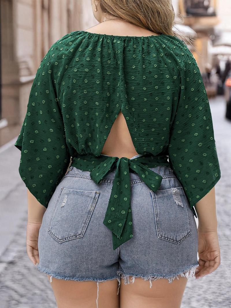 Product Introduction of CURVZY Plus Size Polka Dot Jacquard Blouse, Casual Half Sleeve Round Neck Top for Summer, Women's Plus Clothing for Daily Wear 13
