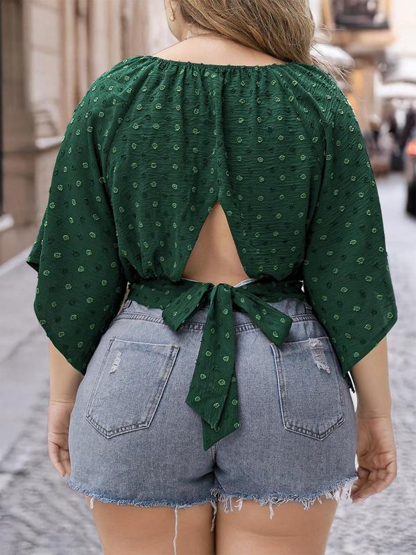 CURVZY Plus Size Polka Dot Jacquard Blouse, Casual Half Sleeve Round Neck Top for Summer, Women's Plus Clothing for Daily Wear 1