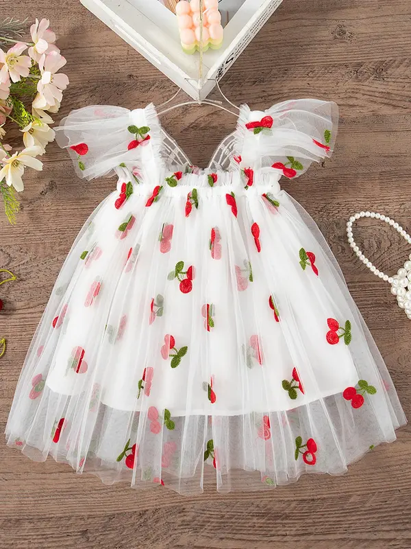 Baby Girl's Floral Embroidery Tulle Dress, Cute Butterfly Sleeve Dress for Party, Infant Toddler Kids Summer Clothes 6