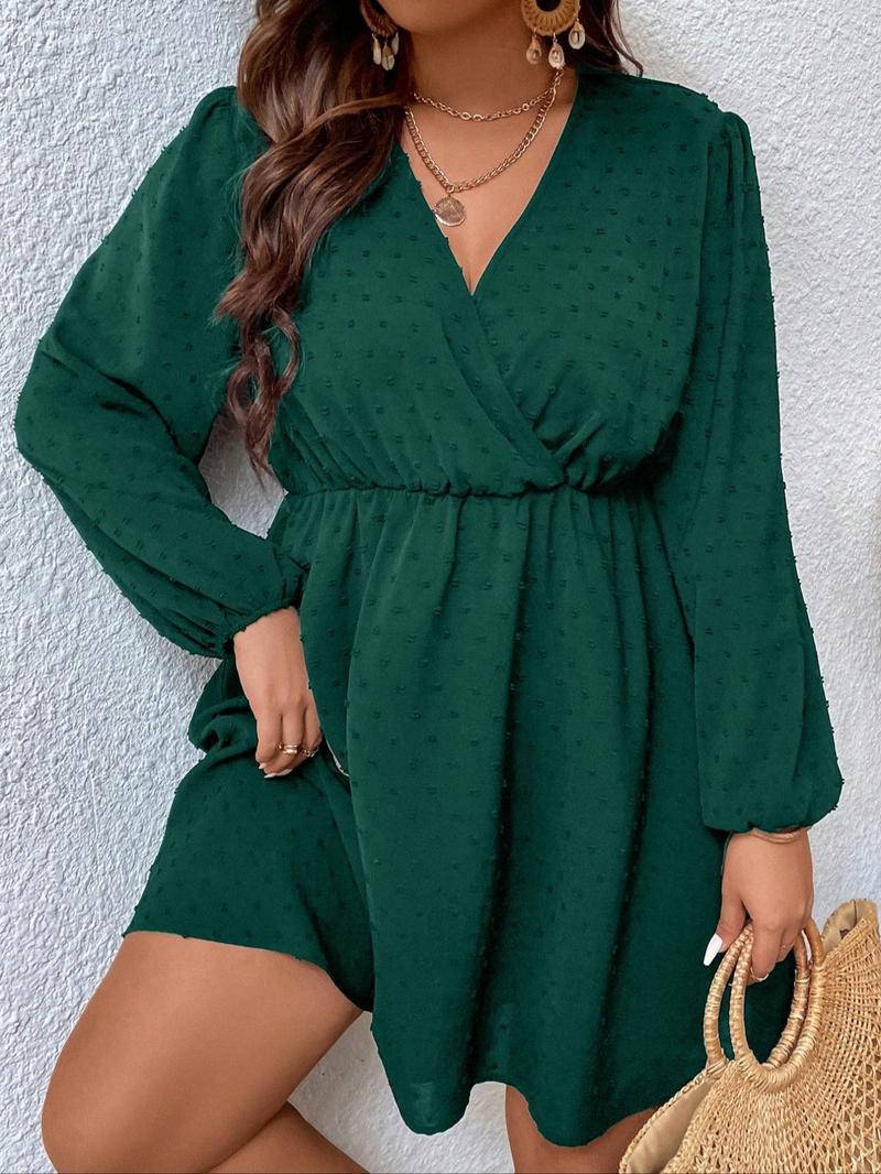 Product Introduction of 【Plus Size】 Plain Swiss Dot Wrap V Neck Bishop Sleeve A Line Dress, Plus Elegant Long Sleeve Short Dress for Spring & Fall, Women's Clothes for Daily Wear, Holiday Dresses 8