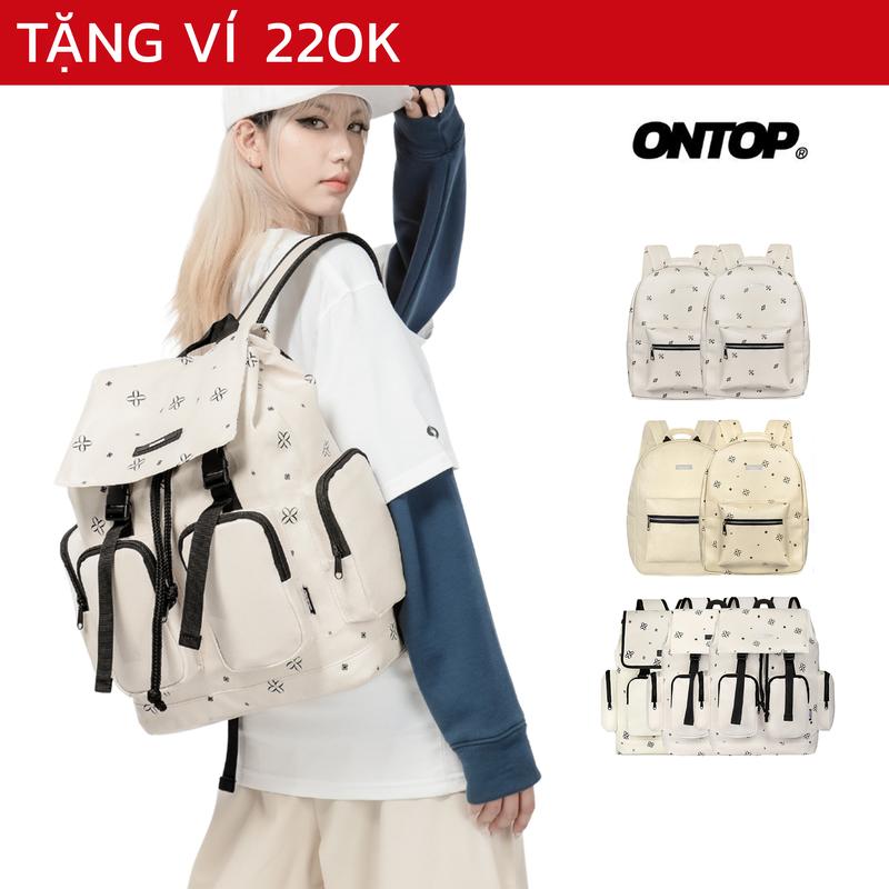 Balo da họa tiết màu kem monogram ONTOP chống nước, nhiều ngăn đi học | Cặp Level