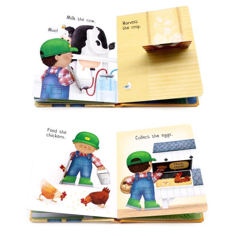 Product Introduction of original 2+y Busy Day Jobs Books Series：Chef/Firefighter/Builder/Farmer，An Action Play Book Lift The Flaps Hardcover 28