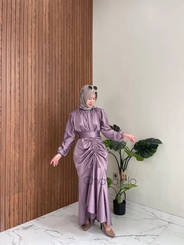 Vannya Dress Satin Silk Premium Bridesmaid Viral Long Dress Serut Pesta Kondangan Karet Muslim Wanita Gamis Maxi Panjang Armani Gaun Biru Navy Formal Velvet Putih Menyusui Coklat Hitam 3