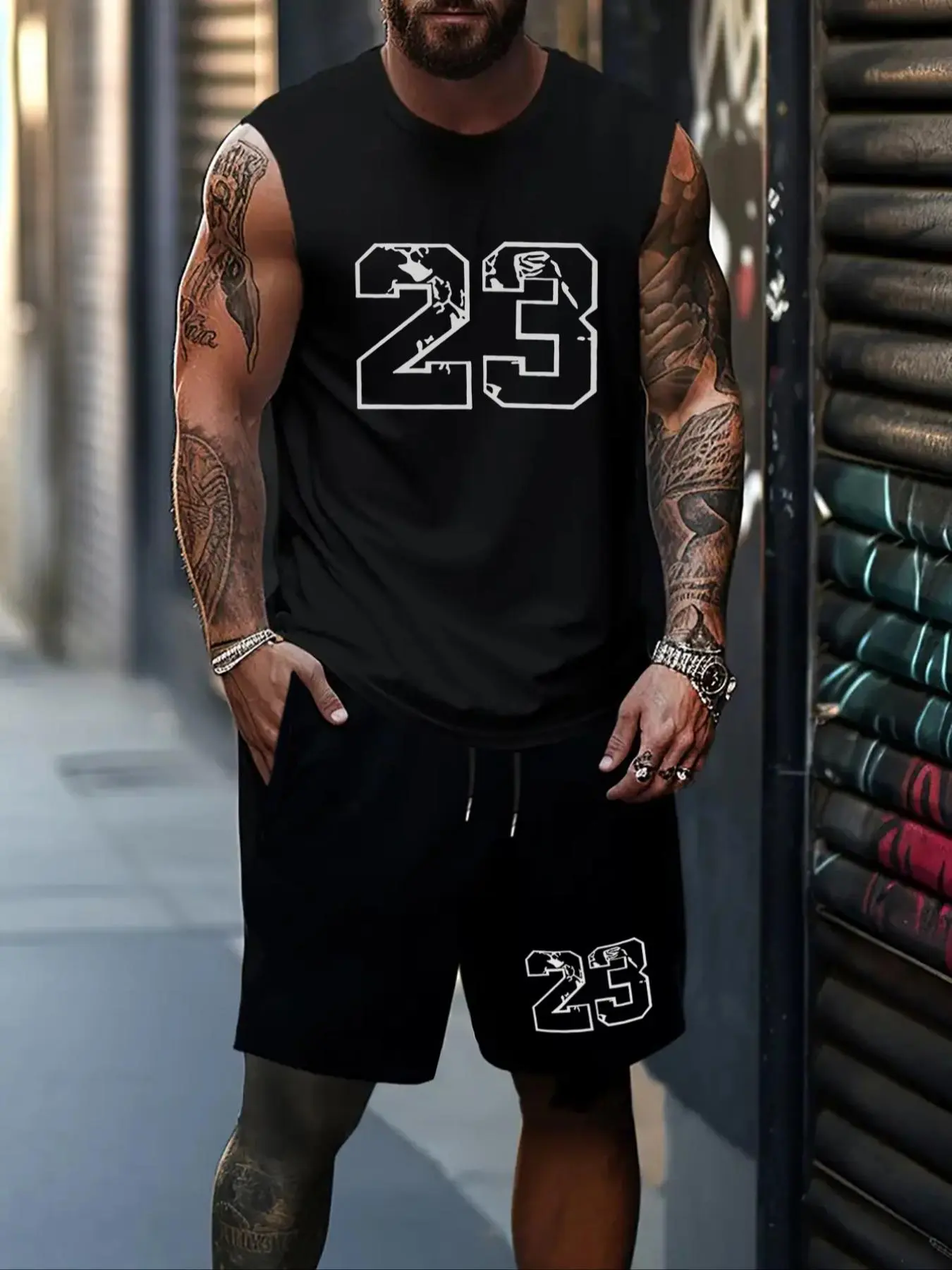 Two-Piece Set Men's Figure Graphic Tank Top & Pocket Tie Front Shorts Two-Piece Set, Regular Fit Sleeveless Round Neck Top & Elastic Waist Shorts, Casual Summer Clothes for Daily Wear
