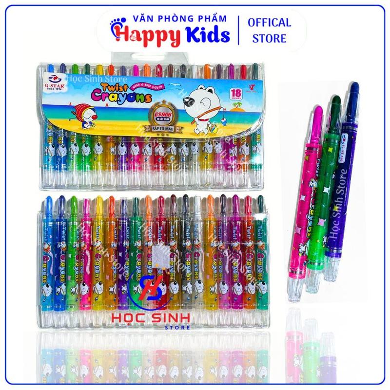 Bộ 18 Màu Bút Sáp Vặn Tô Màu Thân Ngắn Gstar GS906-18N, Thân Vỏ Nhựa Chắc Chắn, Thiết Kế Dạng Vặn Thỏi Son Tiện Lợi - VPP Happy Kids