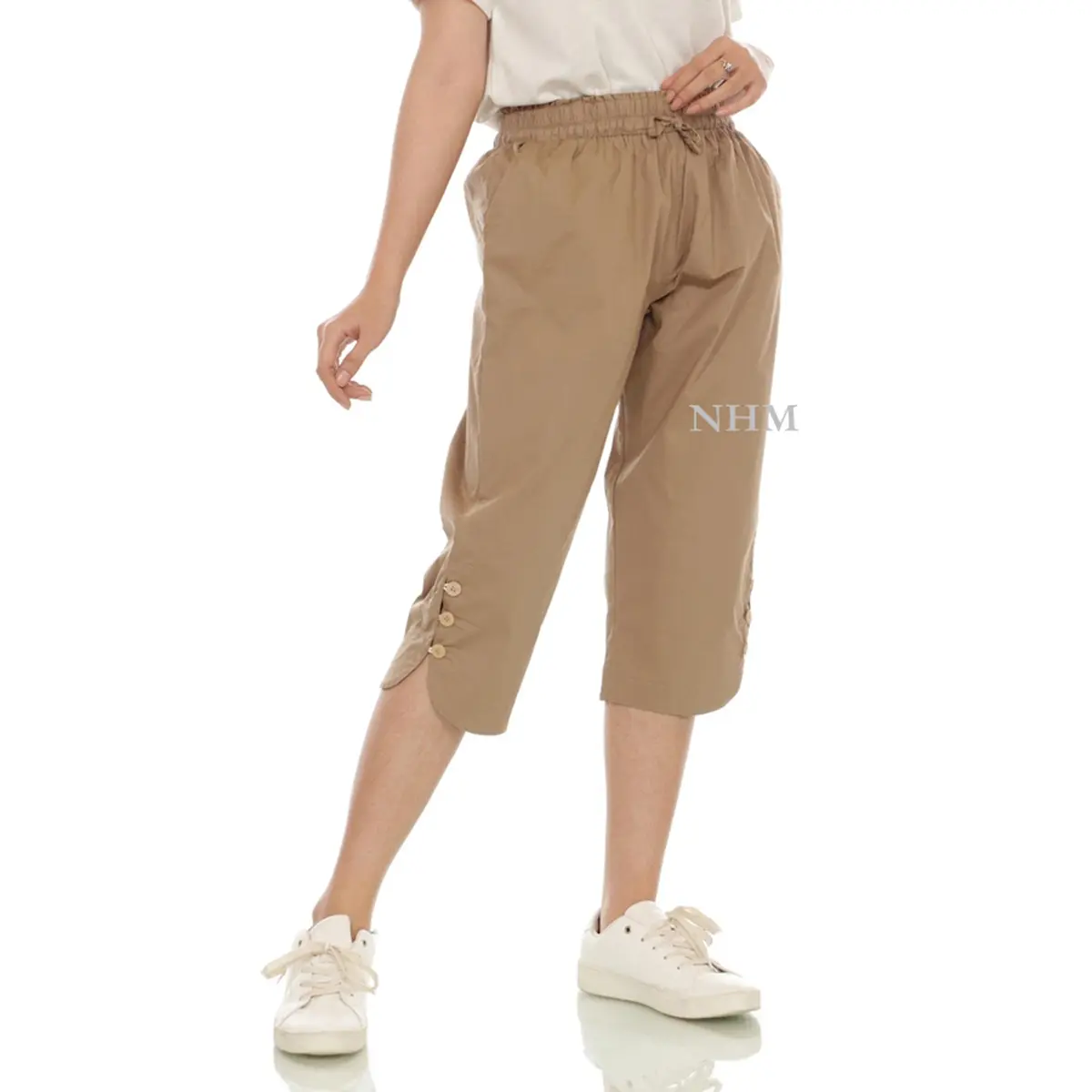 NHM Celana Pendek Wanita 7/8 Kancing Fit Katun Stretch Shorts Linen Casual