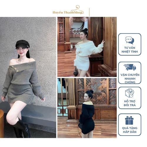 Váy Đầm Len Trễ Vai Đính Khuy Tay Dài Dáng Ôm Body Freesize Cho Nữ Dưới 55kg - Huyền Thanh Shop Women Nhung Dress 3 Màu Trắng/Đen/Xám 2