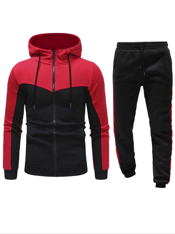 Men's Colorblock Zip Up Drawstring Co-ord Set, Regular Fit Long Sleeve Sweatshirt & Jogger Pants for Daily Wear, Spring & Fall Clothes for Men 0