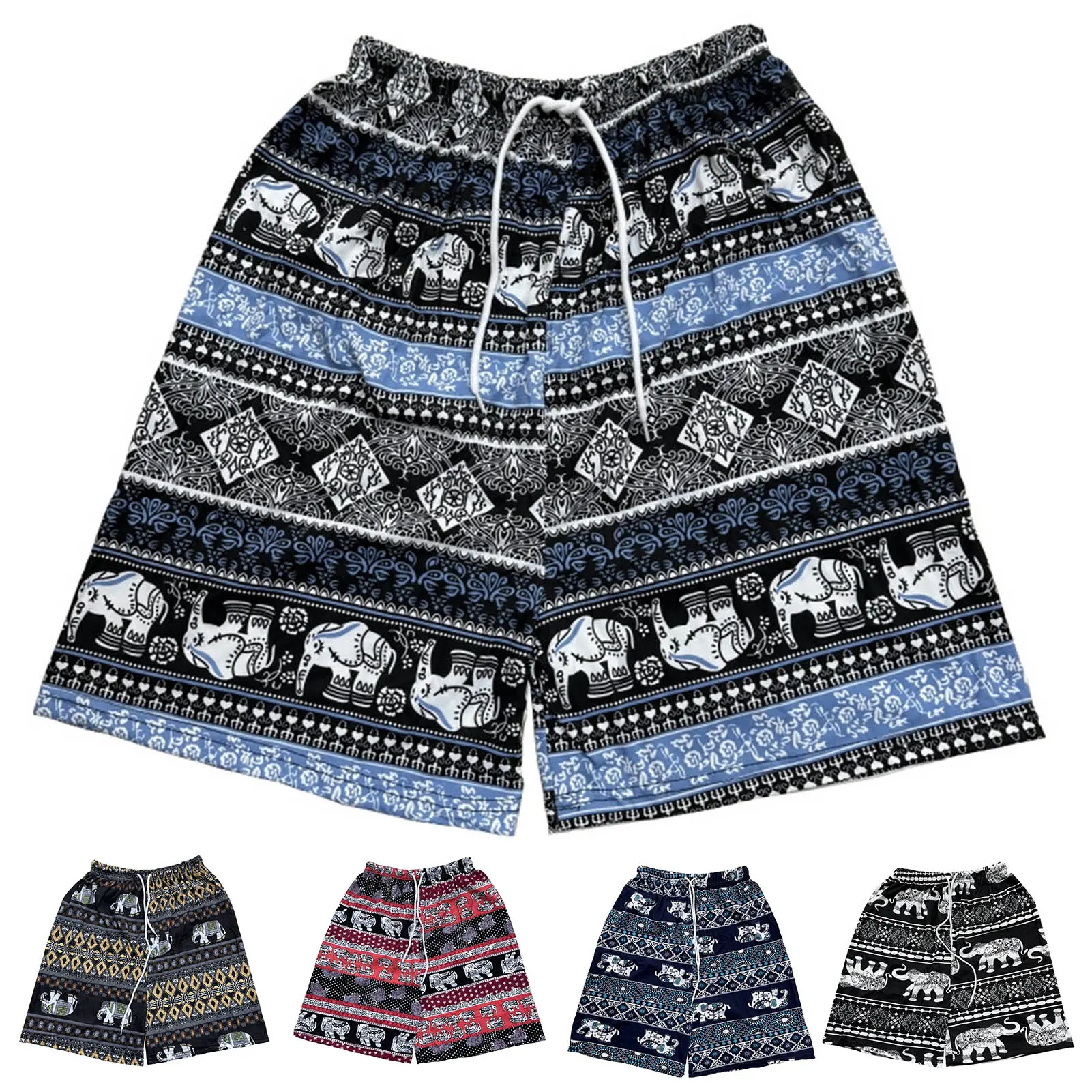 Women Casual Beach Shorts Drawstring Elastic Waist Shorts with Pockets Thai-Inspired Elephant Print Wide Leg Summer Shorts