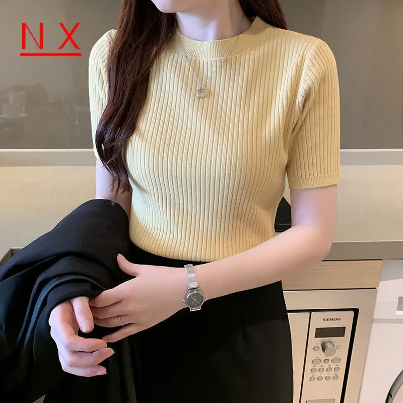 Áo Thun Ngắn Tay Cổ Tròn Cho Nữ, Áo Len Mỏng Và Mỏng 5