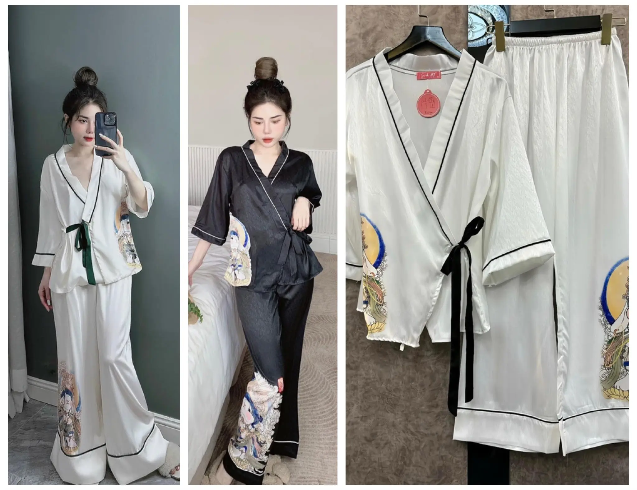 Đồ Bộ Mặc Nhà Pijama Lụa Xước Cao Cấp - Dây Cột Chéo Kimono - Freesize 40-60kg Nữ Women Nữ Women Quần Ngủ Trắng
