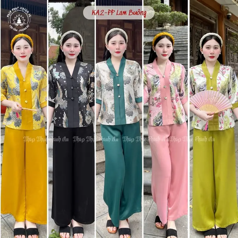 KA2- Bộ Lam Ba Cúc Tay Lỡ Lụa Vân Gỗ Cao Cấp Mẫu Mới Pháp Phục Khánh An Nữ Áo 0