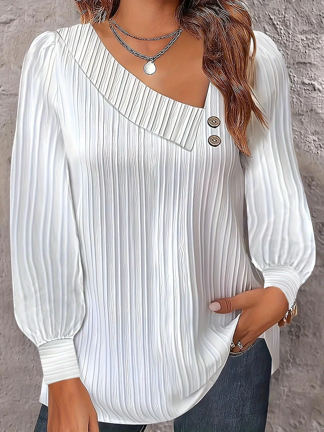 【Plus Size】 Plain Fake Buttons Asymmetrical Neck Blouse, Casual Elegant Bishop Sleeve Top for Summer, Women's Plus Clothing for Daily Wear