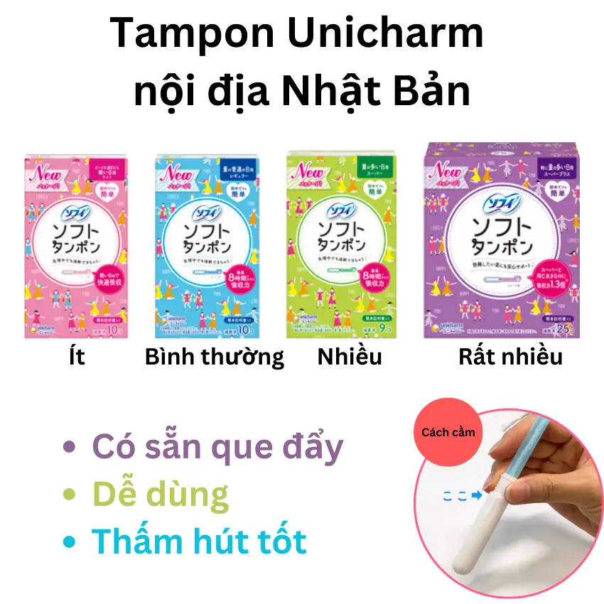 Tampon có que đẩy Nhật Bản - Soft Tampon Unicharm Nhật Bản  Siêu Thấm Hút  Khô Thoáng Dịu Nhẹ Siêu Sạch Que đẩy